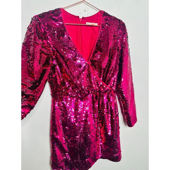 LA MAISON TALULAH Pink Sequins Long Sleeve V-Neck Sequin For Now Mini Dress L - Picture 4 of 16